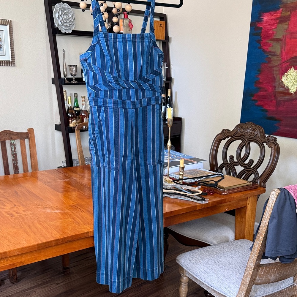Anthropologie Blue Striped Wide-Leg Jumpsuit